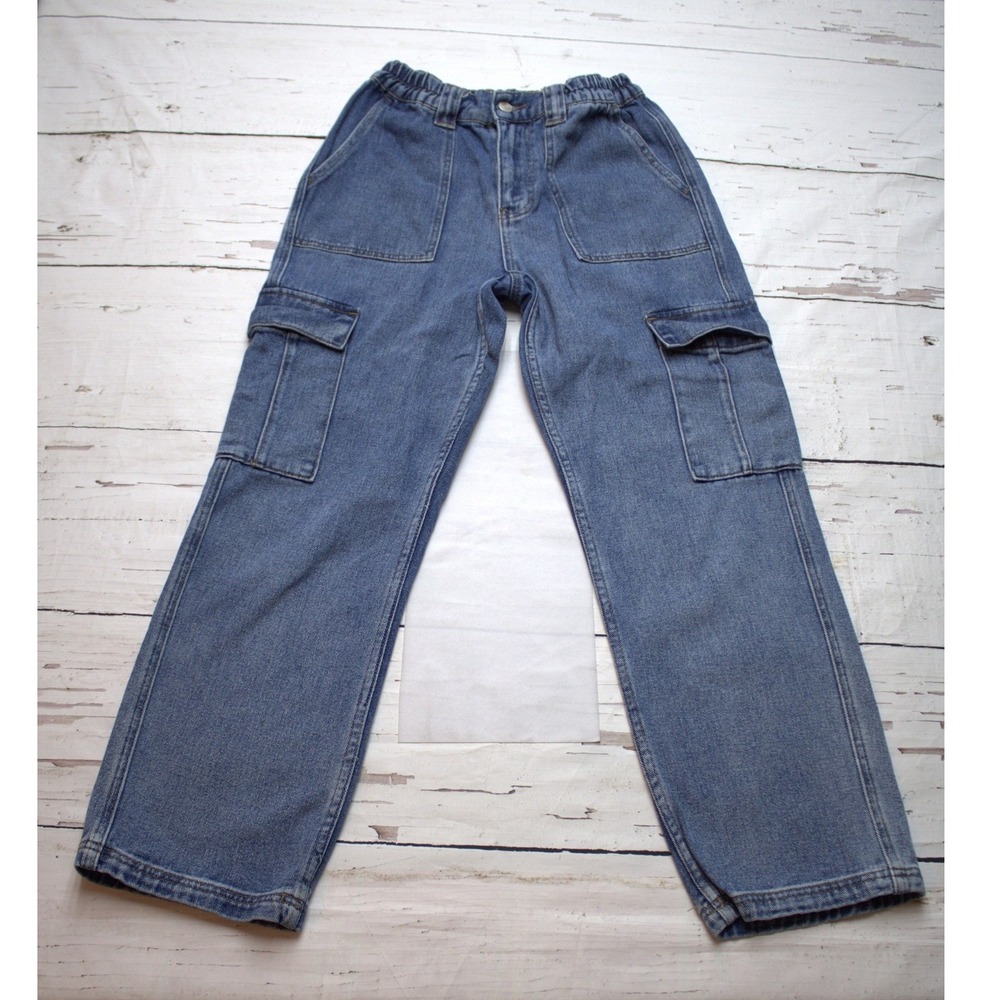 PacSun Women Medium Wash Cargo Denim Jeans Elastic Waist Straight Leg Size S‎